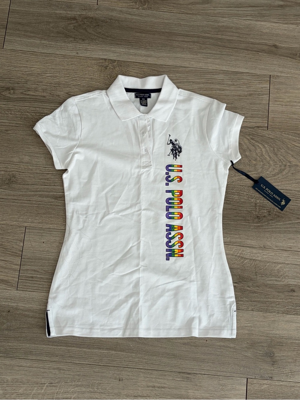 U.S. Polo Assn. White Girls' Polo with Vertical Rainbow Logo